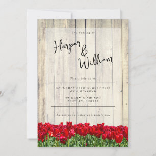 Invitation Grange rustique avec tulipes rouges mariage