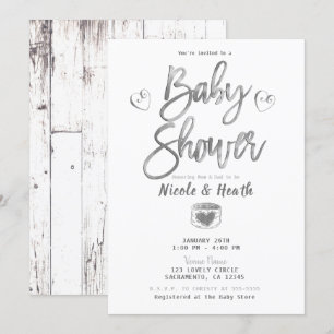 Invitation Grange Rustique Bois Blanc Argent Baby Shower