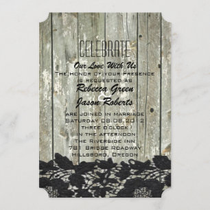 Invitation grange rustique bois dentelle noire mariage campag
