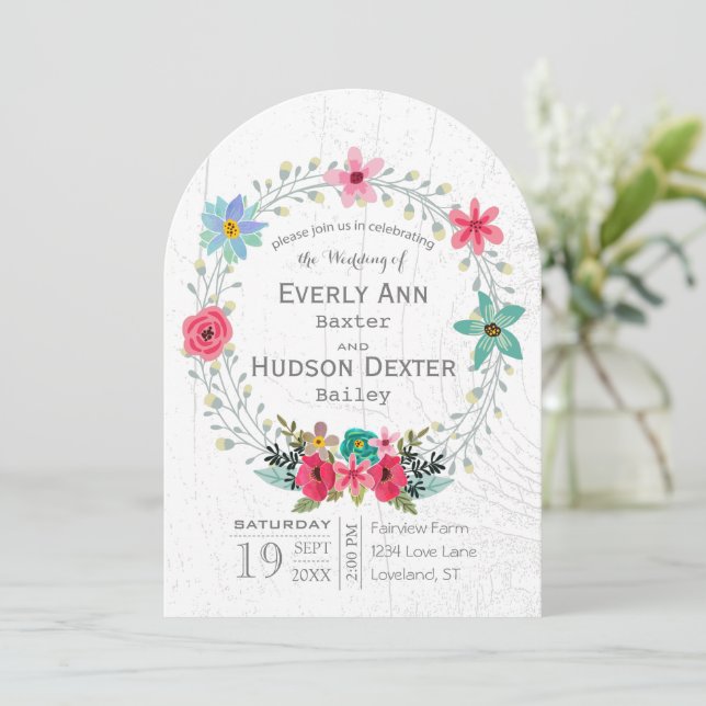 Invitation Grange rustique Bois Floral Garland Wreath (Debout devant)