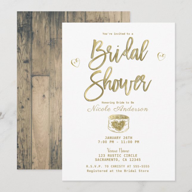 Invitation Grange Rustique Bois Or & Blanc Fête des mariées C (Devant / Derrière)