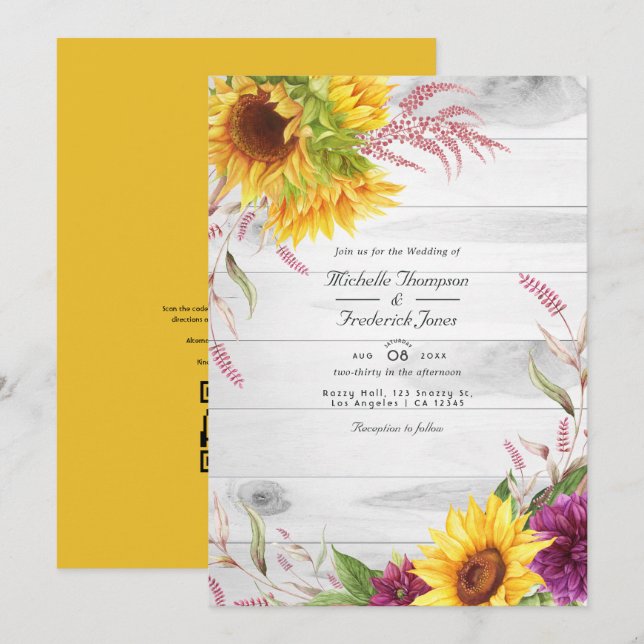 Invitation Grange Rustique Code QR RSVP Tournesol Mariage (Devant / Derrière)