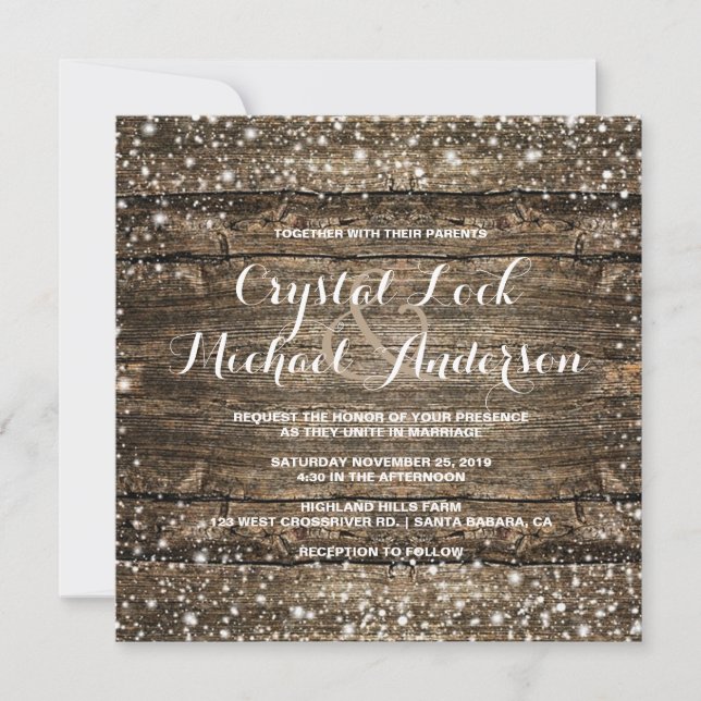 Invitation Grange rustique Flammes de neige en bois Mariage h (Devant)