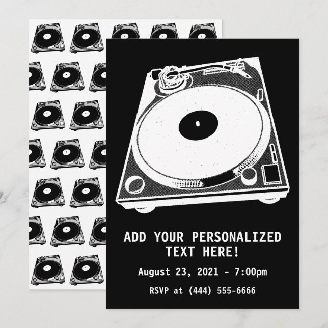 Invitation Graphique Tourne-disque rétro en blanc (Devant / Derrière)
