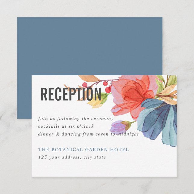 Invitation Gras Aquarelle Fleur sauvage Mariage bleu Réceptio (Devant / Derrière)