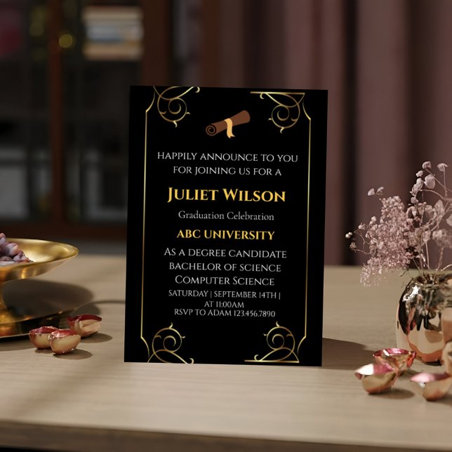 Invitation Gras Black collégial diplôme élégant début (Créateur téléchargé)