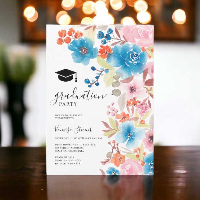 Invitation Gras bleu aquarelle fleurs graduation (Bold blue watercolor flowers graduation invitation)