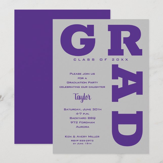 Invitation Gras GRAD Purple et Grey Graduation (Devant / Derrière)