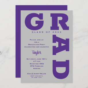 Invitation Gras GRAD Purple et Grey Graduation
