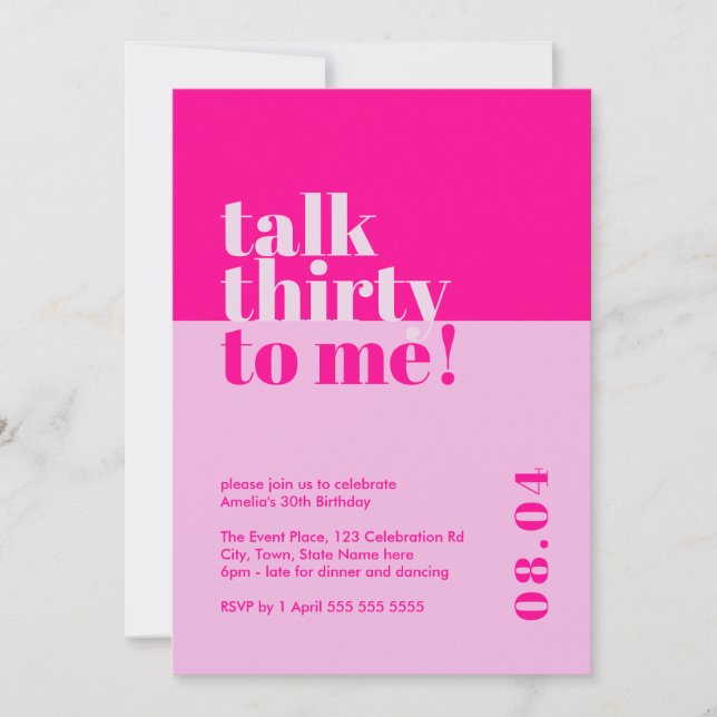 Invitation Gras Hot rose 'Talk Thirty to Me' 30e anniversaire (Devant)