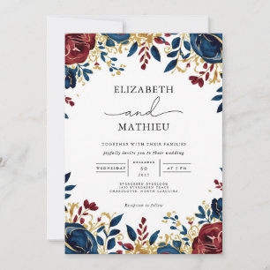 Invitation Gras Marine Bourgogne Floral Garden Mariage