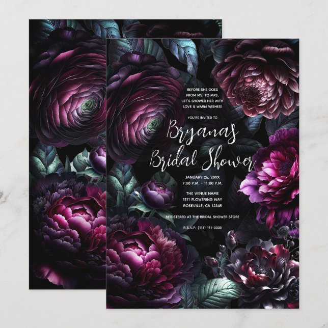 Invitation Gras Moody Flowers Black Enchanted Floral Bridal (Devant / Derrière)