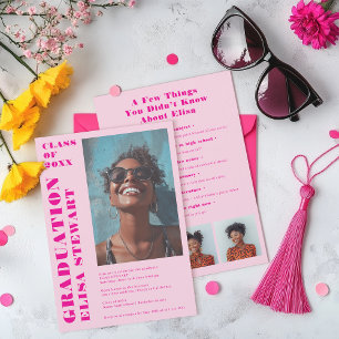 Invitation Gras Neon Retro rose moderne 4 photos Graduation