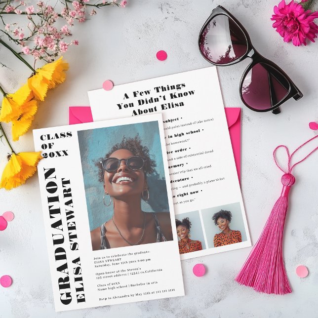 Invitation Gras Noir et Blanc Moderne 4 photos Graduation (Bold Black and White Modern 4 photos Graduation Invitation)