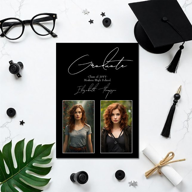 Invitation Gras noir et blanc photo de graduation moderne (Bold Black and White Modern Graduation Photo Invitation)