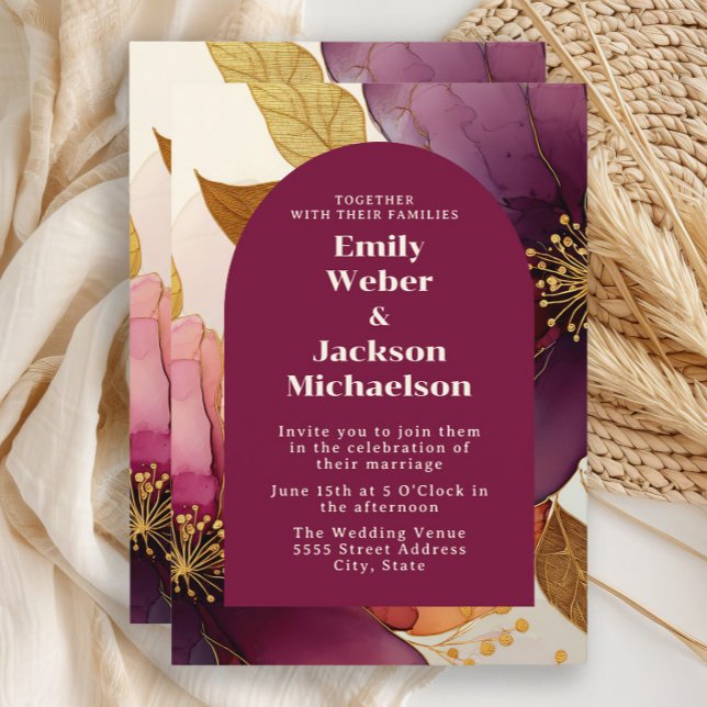 Invitation Gras Plum Gold Floral Arch Mariage (Plum, burgundy, gold  floral arch-shaped wedding invitation)