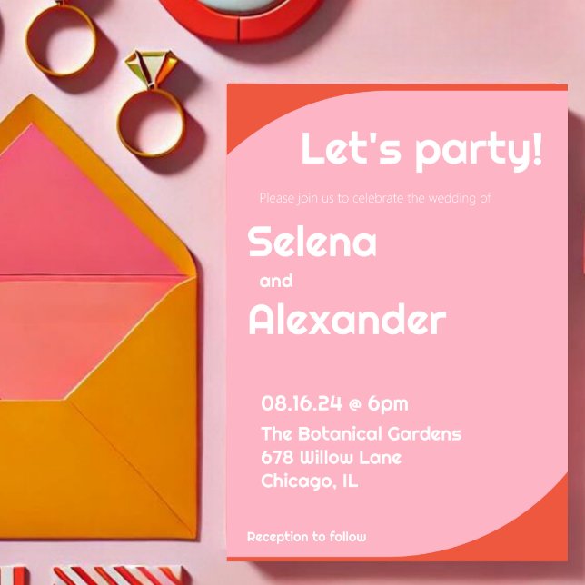 Invitation Gras Retro Bright Orange et Mariage rose (Créateur téléchargé)