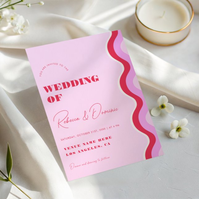 Invitation Gras Retro Wave rose et rouge photo QR Code Mariag (Créateur téléchargé)