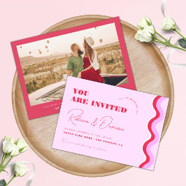 Invitation Gras Retro Wavy Curvy Stripes rose et rouge Mariag