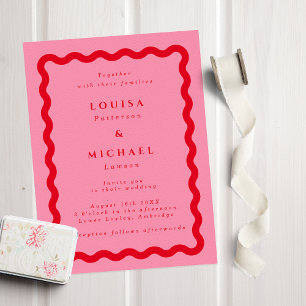 Invitation Gras Retro Wavy Frame rose & Mariage rouge