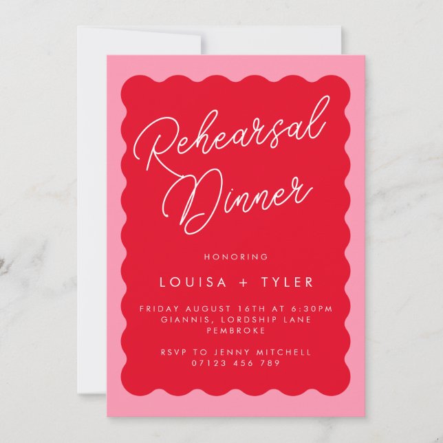 Invitation Gras Retro Wavy Rouge & Fête des mariées rose (Devant)