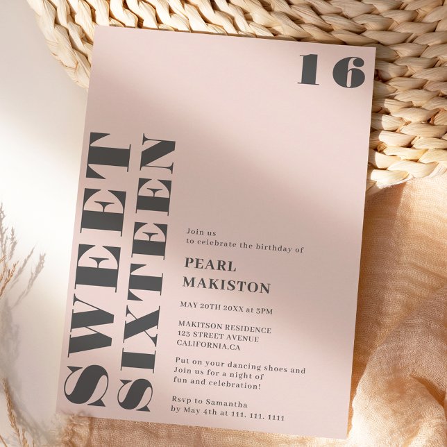 Invitation Gras simple gris pastel rose doux 16 anniversaire (Bold simple gray pastel pink sweet 16 birthday invitation)