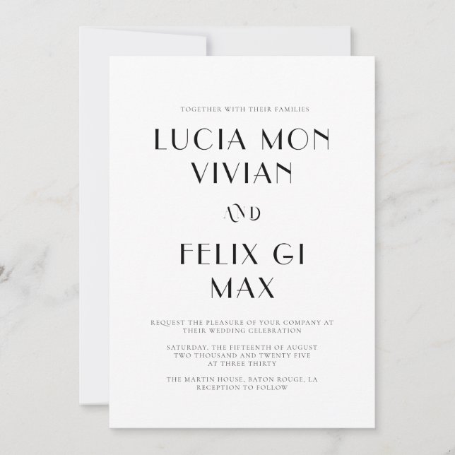 Invitation Gras Texte noir et blanc Chic Mariage moderne (Devant)