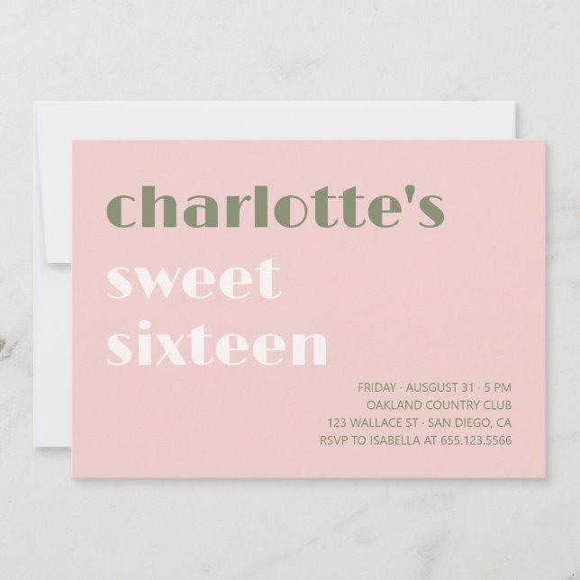 Invitation Gras typographique simple rose vert Sweet sixteen (Devant)