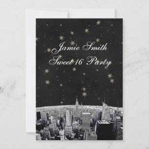 Invitation Gravé NYC Skyline 2 Noir Or Étoile Douce 16 V