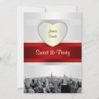 Gravé NYC Skyline 2H Blanc, Ruban Rouge Sweet 16