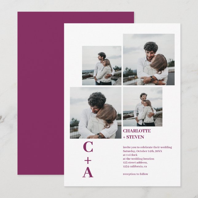 Invitation Gravure moderne magenta 4 photos grille mariage (Devant / Derrière)