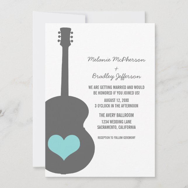 Invitation Gray/Aqua Guitare Coeur Mariage Inviter (Devant)