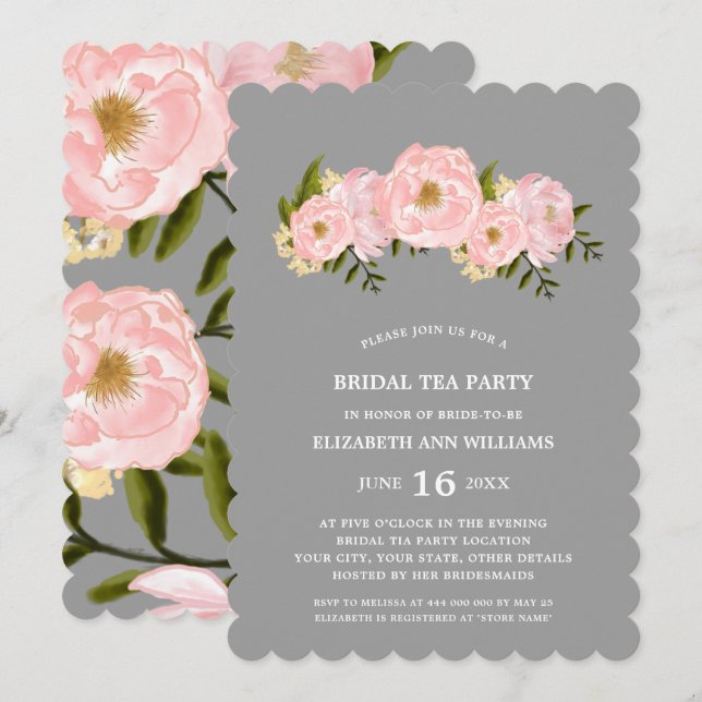 Invitation Gray | Blush Pink Peonies fête de thé nuptiale (Devant / Derrière)