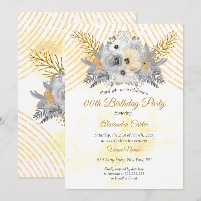 Invitation Gray Gold Sepia Floral Bouquet Anniversaire (Devant / Derrière)
