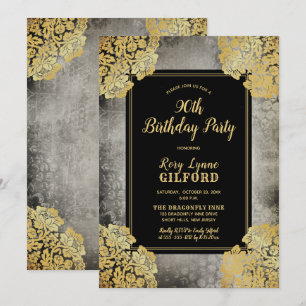 Invitation Gray Gold Victorian Lace 90th Birthday Party