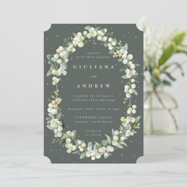 Invitation Gray Green Snowberry+Eucalyptus Mariage d'hiver (Debout devant)