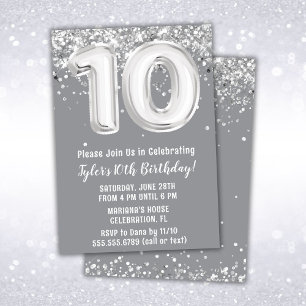 Invitation Gray Silver 10e fête d'anniversaire
