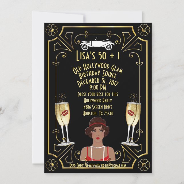 Invitation Great Gatsby Black Flapper Girl Hollywood Invitati (Devant)