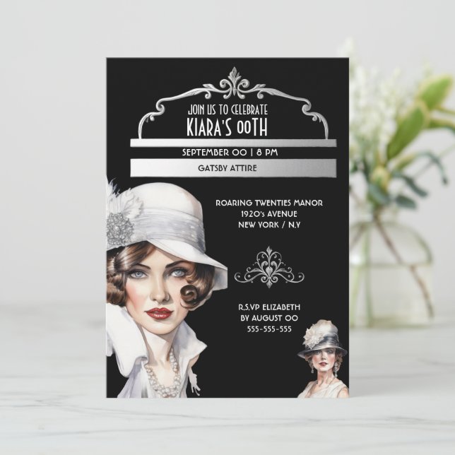 Invitation Great Gatsby luxueux 1920 style femme anniversaire (Debout devant)