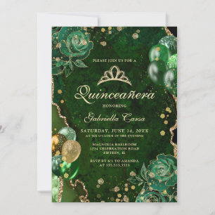 Invitation Gree Gold Floral Agate Photo Quinceanera