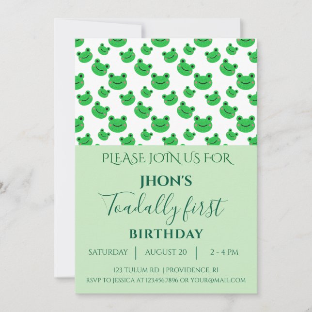 Invitation Green 1er anniversaire fête bébé garçon grenouille (Devant)