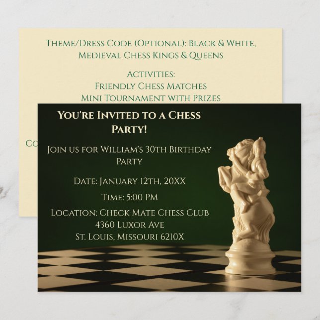 Invitation Green 30th Birthday Party Chess Chevalier (Devant / Derrière)