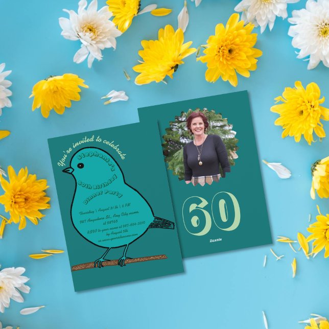 Invitation Green 60th Birthday Cute Bird Dinner Party (Créateur téléchargé)