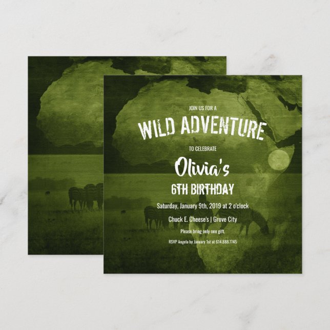 Invitation Green Africa & Zebra's Safari Birthday Party (Devant / Derrière)