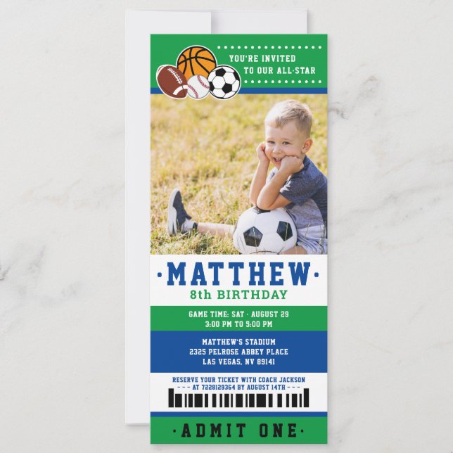 Invitation Green All Star Sport Ticket Anniversaire Photo (Devant)
