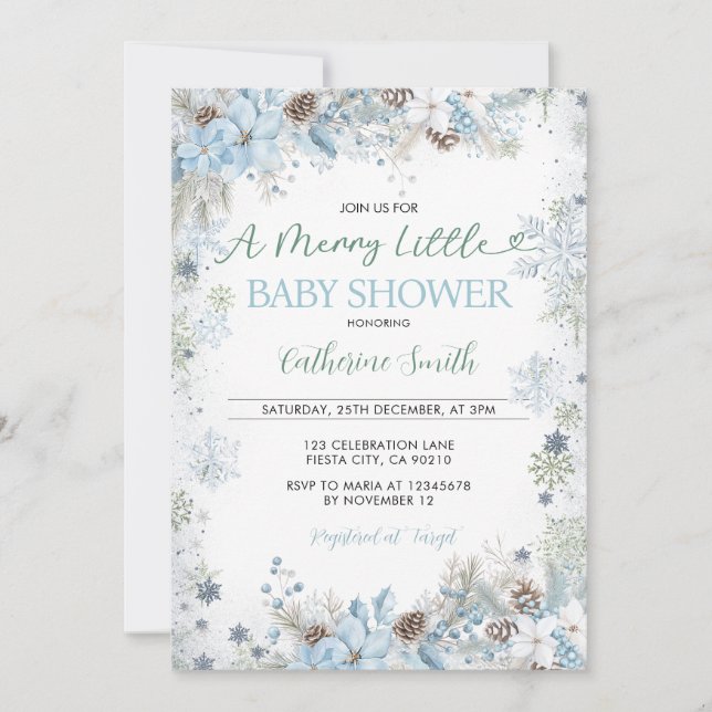 Invitation Green and Dusty Blue A Merry Little Baby Shower  (Devant)