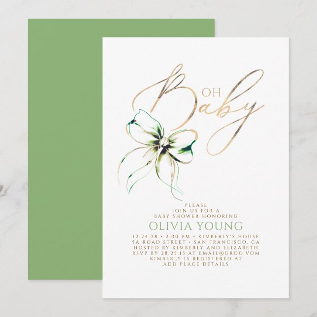 Invitation Green and Gold Bow Gender Neutral Baby Shower (Devant / Derrière)