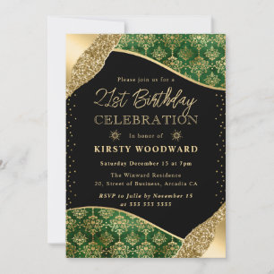 Invitation Green and Gold Winter Damask 21e anniversaire