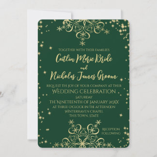 Invitation Green and Gold Winter Wedding Snowflakes Invita