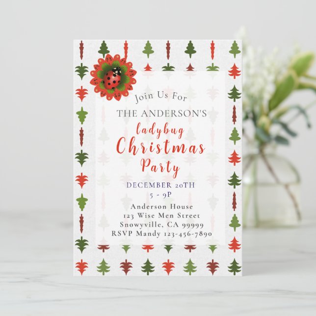 Invitation Green and Red Christmas Trees Ladybug Party (Debout devant)